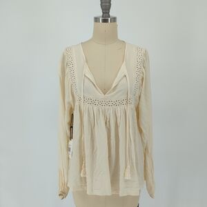 NEW Cleo + Wolf V Neck Empire Tunic Top Cream XS long sleeves bohemian western